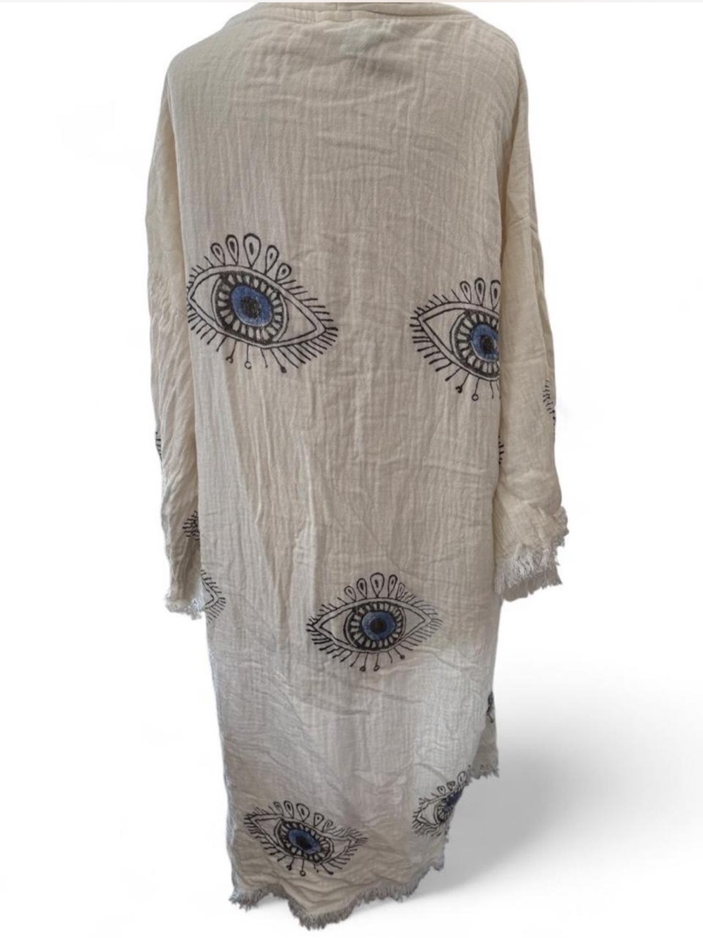 NOHO CANDLE CO Cream Evil Eye Fringed Linen Duster Kimono Coverup OS - Picture 4 of 7